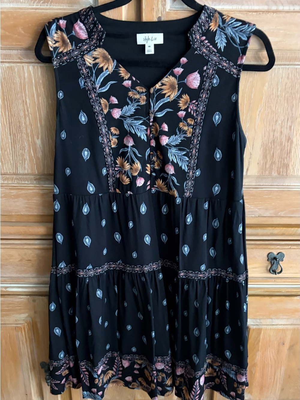 Style & Co. Black Floral V-Neck Tiered Dress